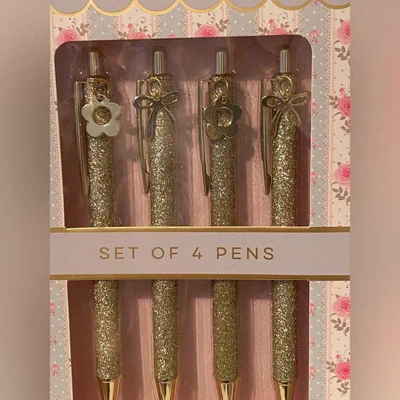 Gold Glitter Pen Set with Charms  set of 4  new in box - Picture 2 of 3